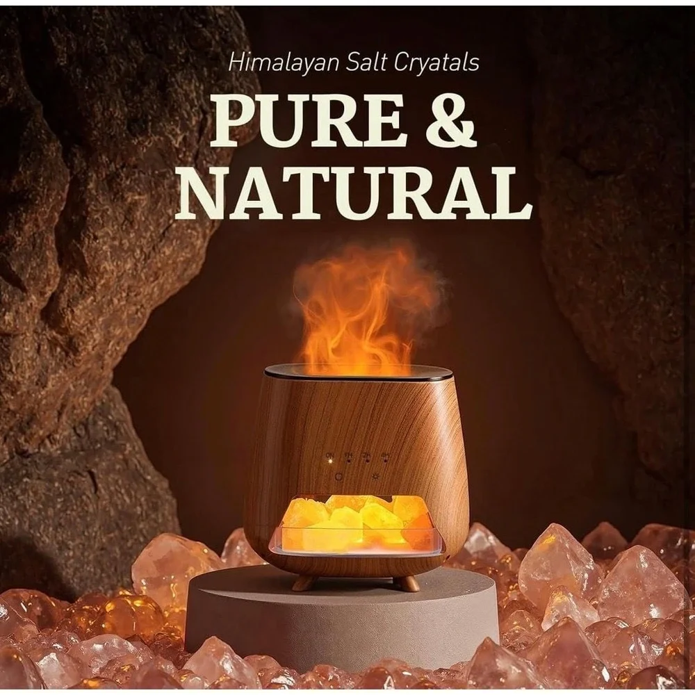 4-in-1 Wood Grain Aroma Diffuser and Himalayan‎ Salt Lamp with Flame Effect Mist